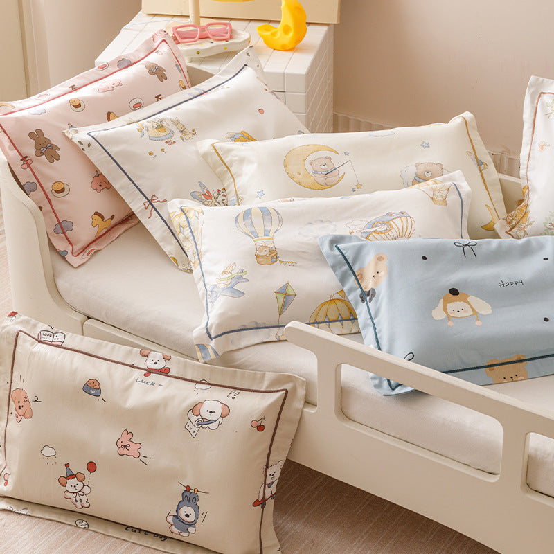 Children's Pillowcase Set made of Soft Cotton Percale with Cute Animal Print and Decorative Piping