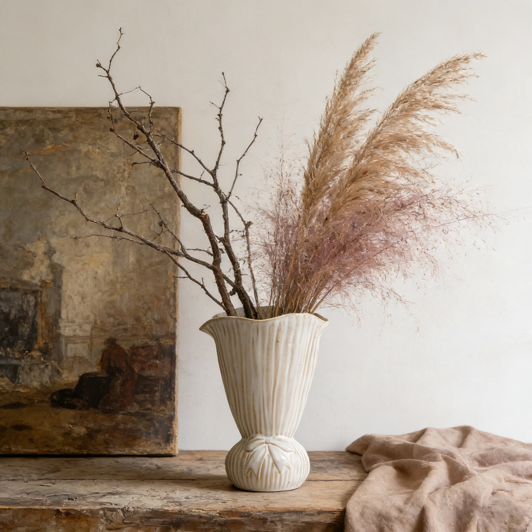 Hand-glazed Ribbed Woven Ceramic Decorative Vase with Sculpted Ball Base