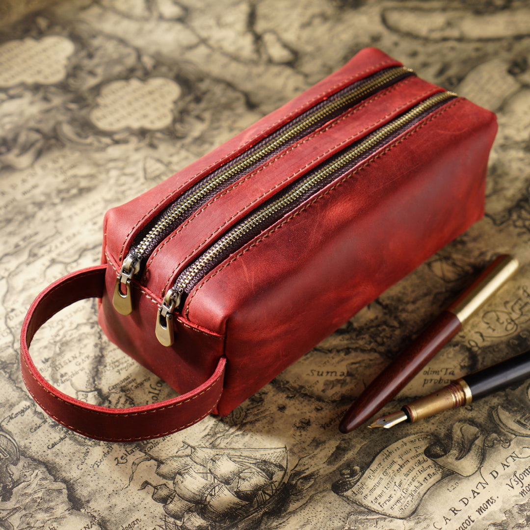 Dual-Zipper Leather Pencil Case