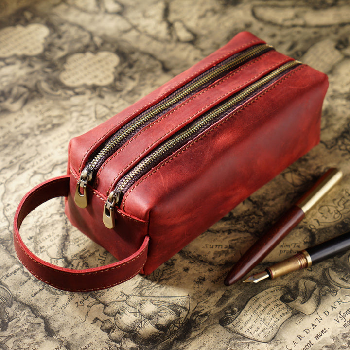 Dual-Zipper Leather Pencil Case