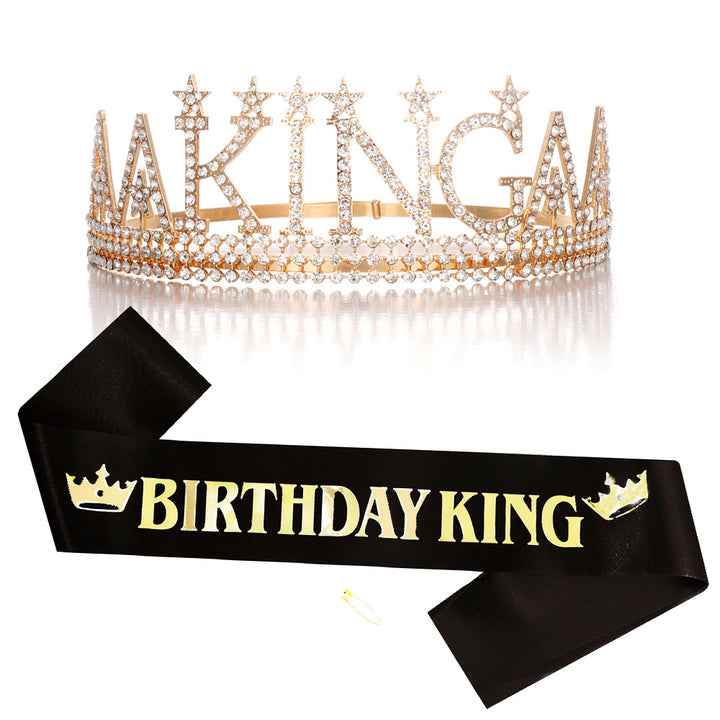 Ladies Glittering Birthday Crown with a Regal "Birthday King" Sash Set Stornfield