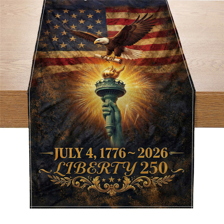 Patriotic Cotton-Linen Table Runner with Statue of Liberty and American Flag Print