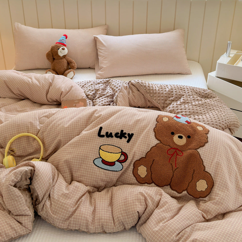Plush Reversible Duvet Cover Set with Embroidered Rabbit Applique