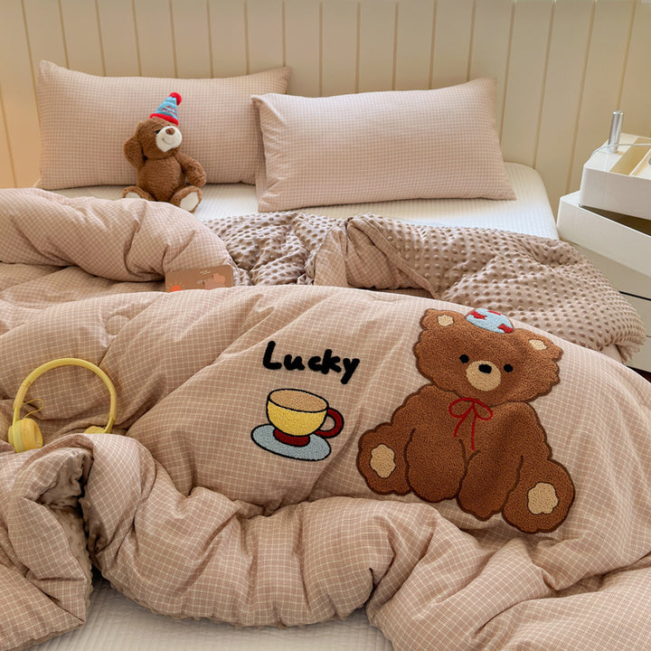 Plush Reversible Duvet Cover Set with Embroidered Rabbit Applique