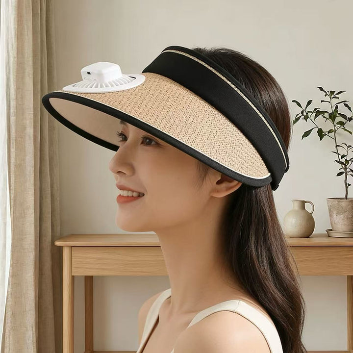 Air-cooled straw hat with detachable battery fan and elastic headband Stornfield