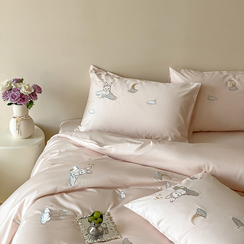 Premium Embroidered Cotton Duvet Cover Set with Plush Bunny Motif