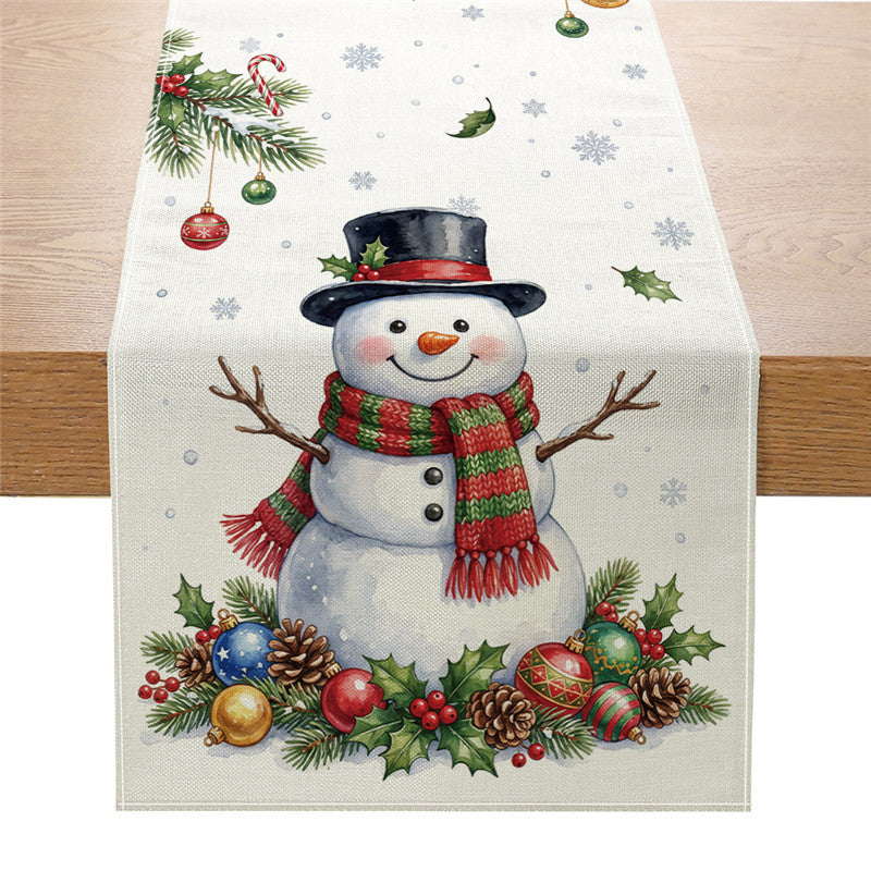 Festive Cotton-Linen Christmas Table Runner with Santa Truck and Snowman Illustration