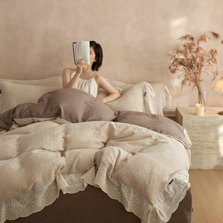 Ruffled Lace-Trim Reversible Duvet Cover Set with Tied Pillow Shams