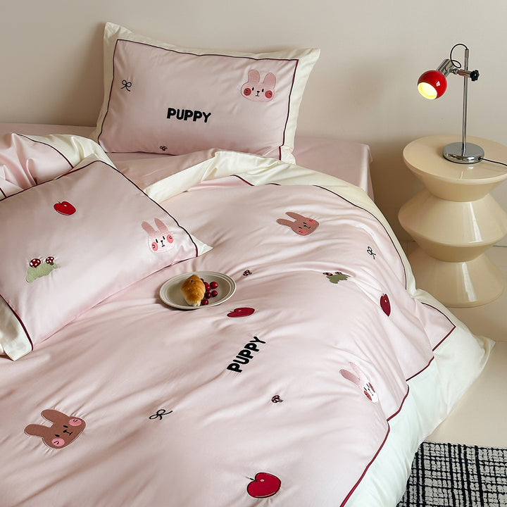 Cartoon Embroidered Cotton Sateen Duvet Cover Set with Piped Edge and Pillow Shams