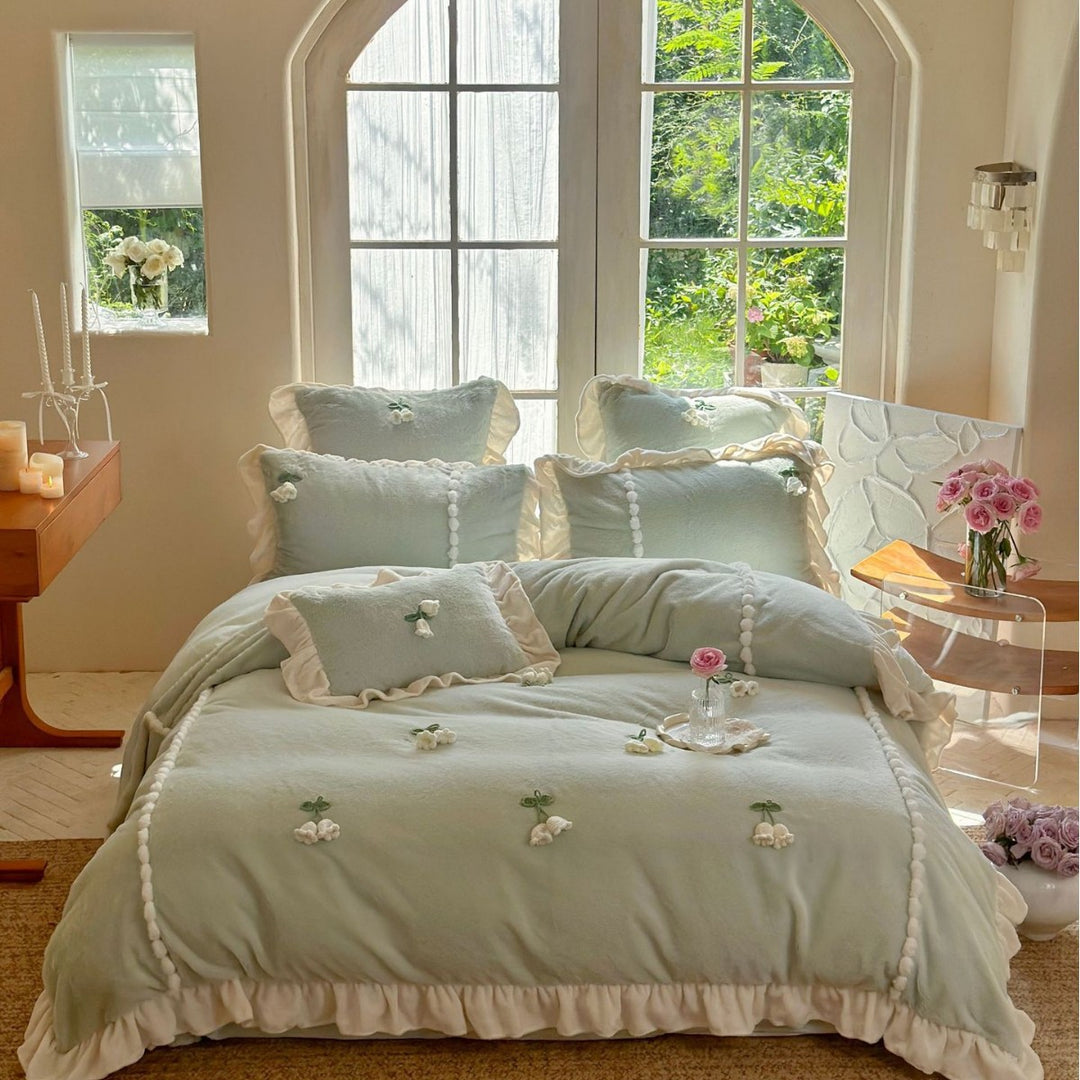 Floral Embroidered Ruffled Duvet Cover Set