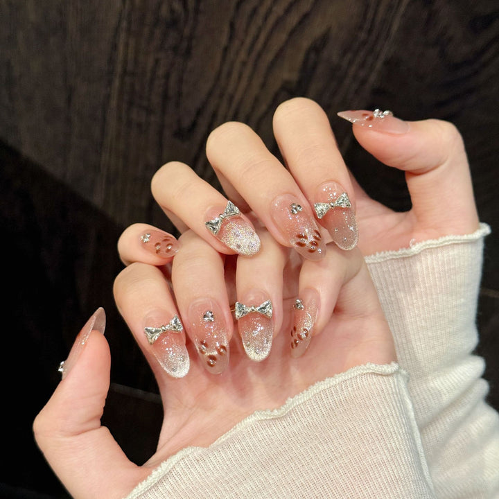Decorative Press-On Nail Art Set with Glittering Bow Accents