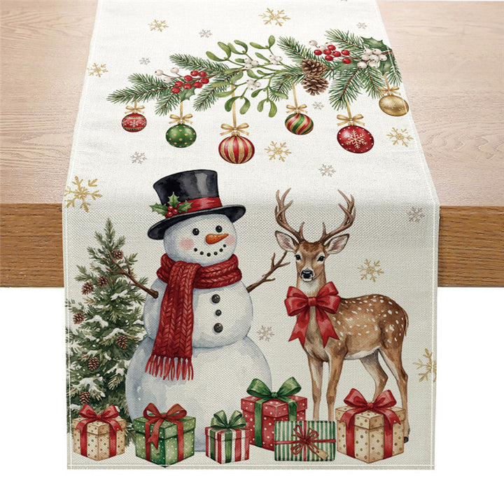 Festive Cotton-Linen Christmas Table Runner with Snowman and Plaid Tree Illustration