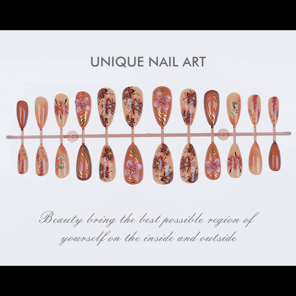Artistic Floral and Gold Accent Press-On Nails Stornfield