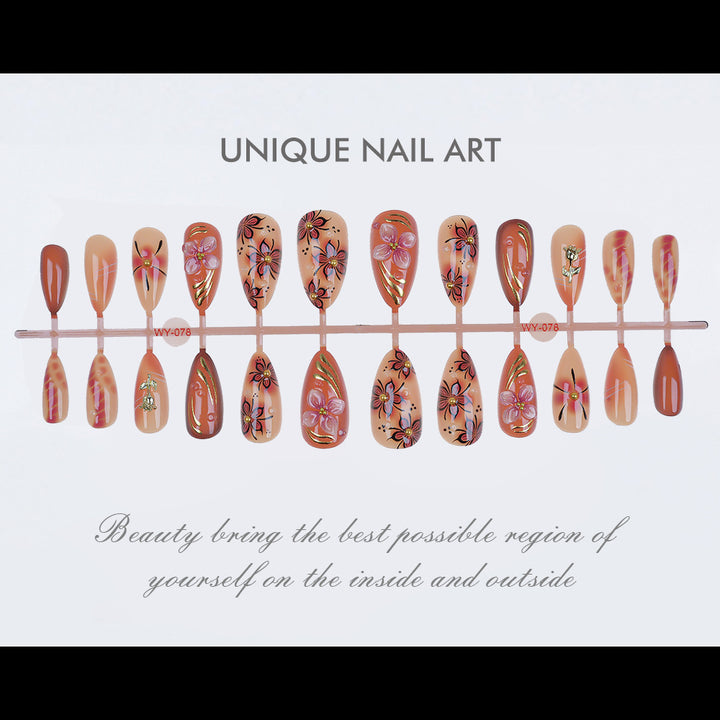 Artistic Floral and Gold Accent Press-On Nails Stornfield
