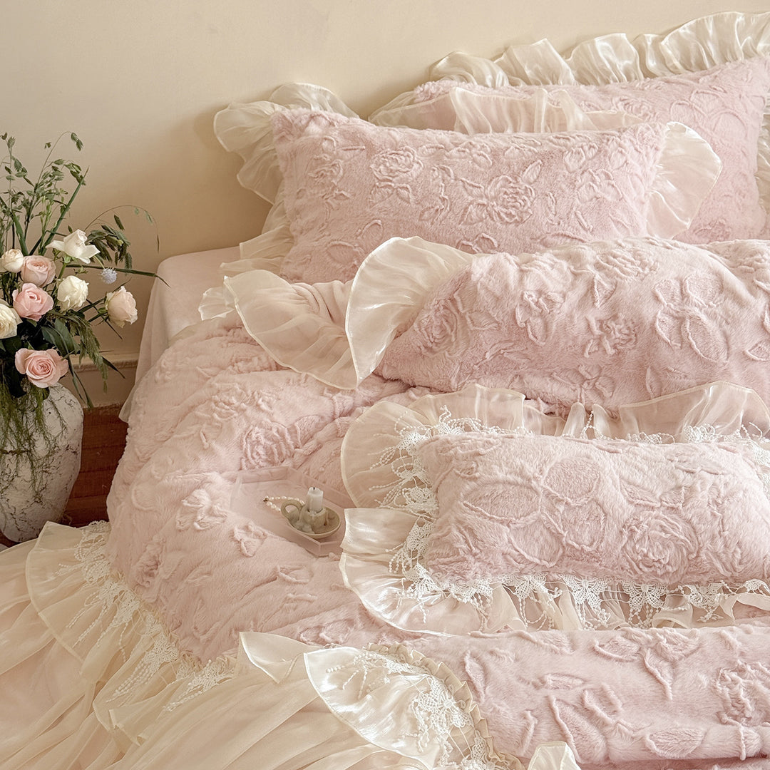 Ruffled Satin-Trim Quilted Floral Duvet Cover & Pillow Sham Set