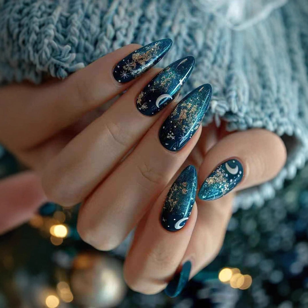 Glamorous artificial nails with sparkling star and moon motifs Stornfield