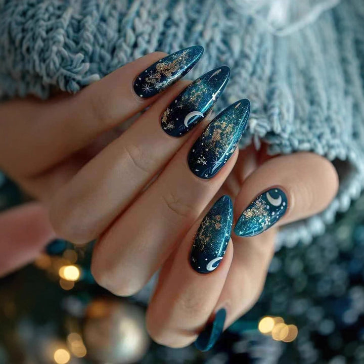 Glamorous artificial nails with sparkling star and moon motifs Stornfield