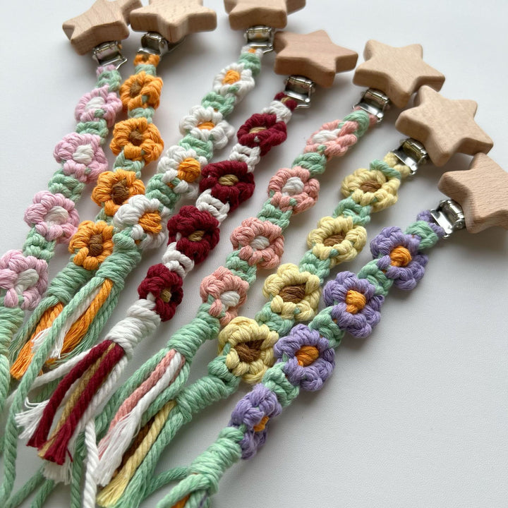 Macramé Stroller and Pacifier Lanyard with Wooden Star Clip
