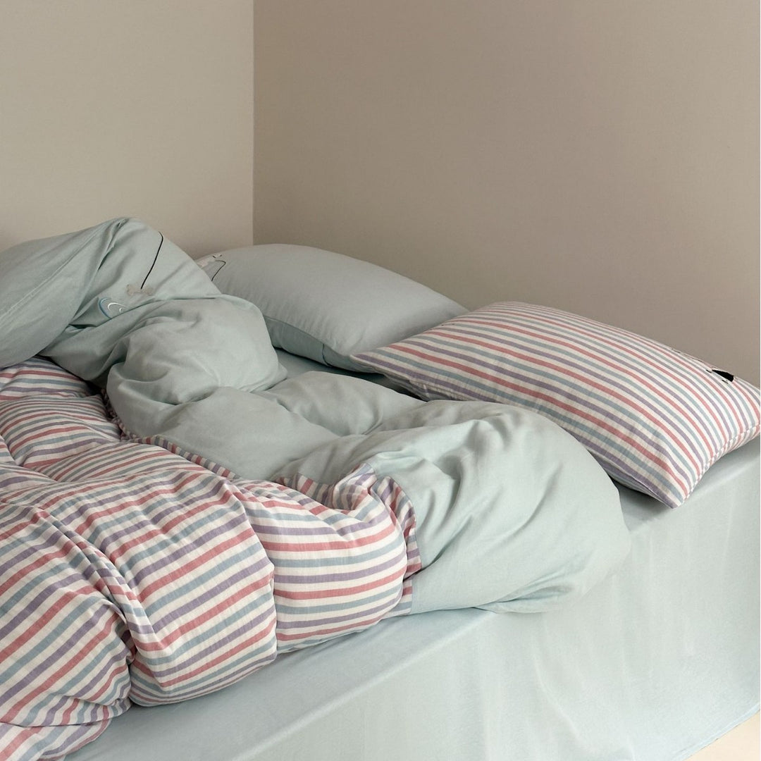 Pastel Striped Cotton Sateen Lightweight Duvet Cover Set with Solid Fitted Sheet and Accent Embroidered Sham