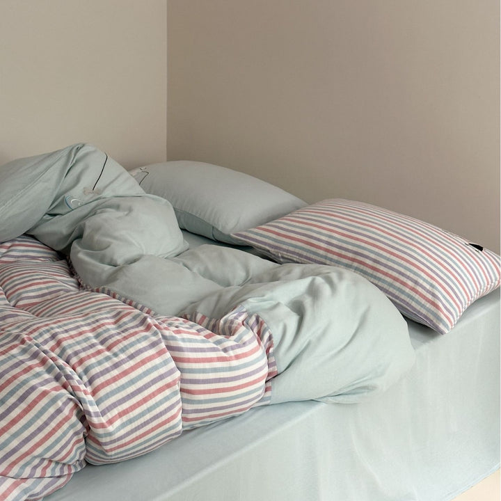 Pastel Striped Cotton Sateen Lightweight Duvet Cover Set with Solid Fitted Sheet and Accent Embroidered Sham