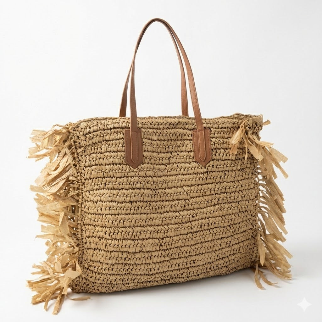 Stylish straw bag with fringed details Stornfield