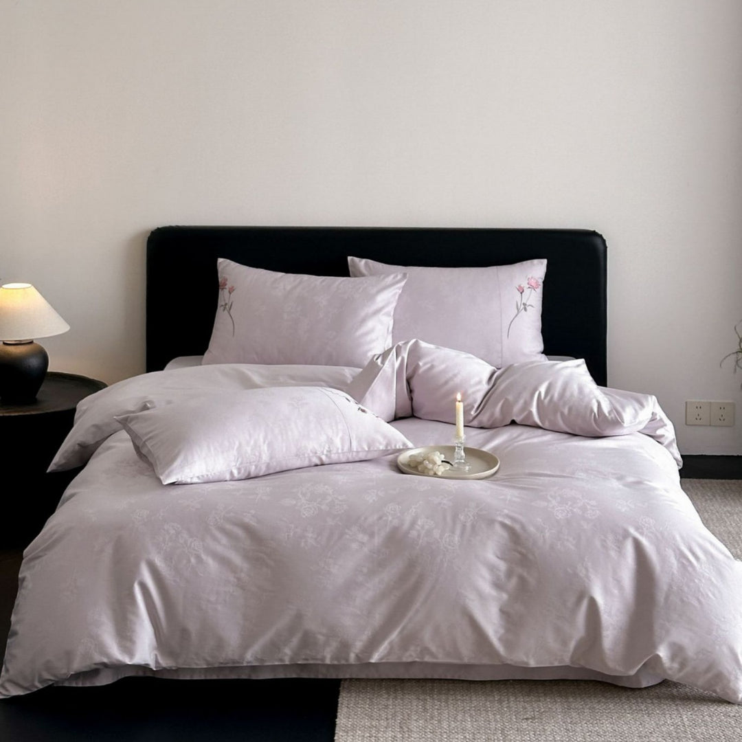 Reversible Satin-Jacquard Duvet Cover Set with Embroidered Rose Pillow Shams