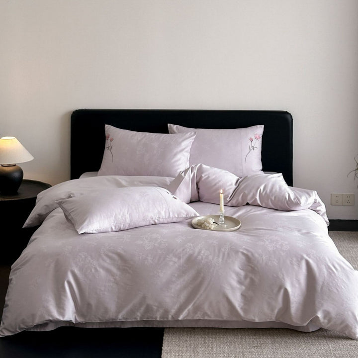 Reversible Satin-Jacquard Duvet Cover Set with Embroidered Rose Pillow Shams
