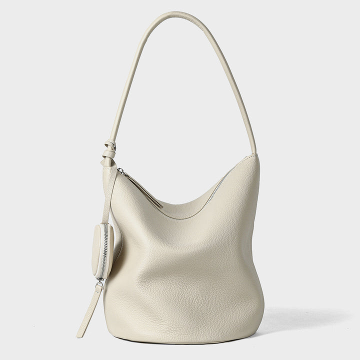 Slouchy Pebbled Bucket Hobo Bag with Curved Top Zip and Hanging Coin Pouch