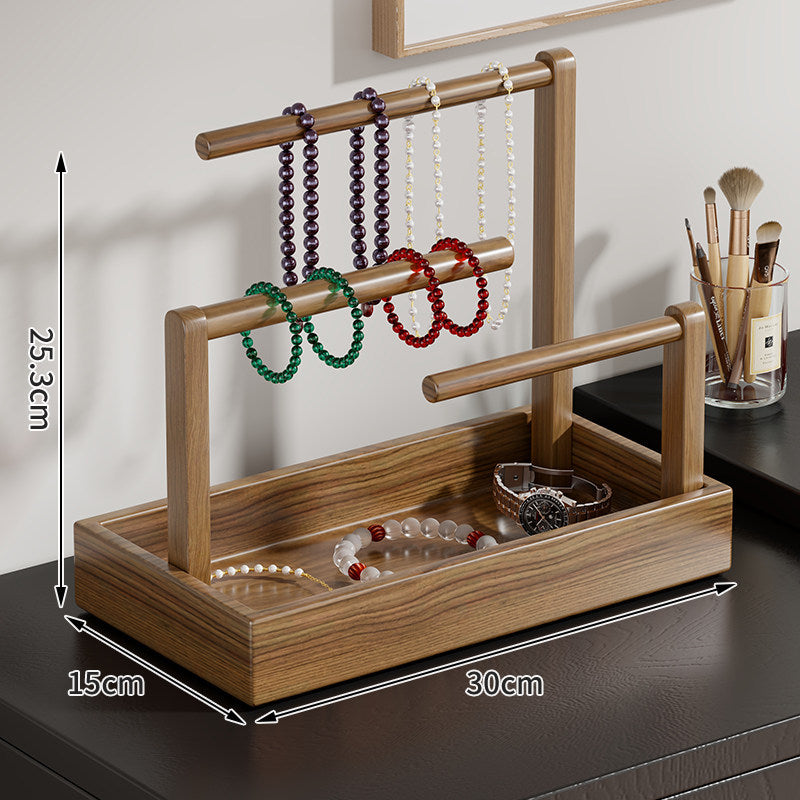 Wooden Jewelry Organizer with Dual Hanging Rails and Deep Storage Tray