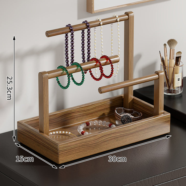 Wooden Jewelry Organizer with Dual Hanging Rails and Deep Storage Tray