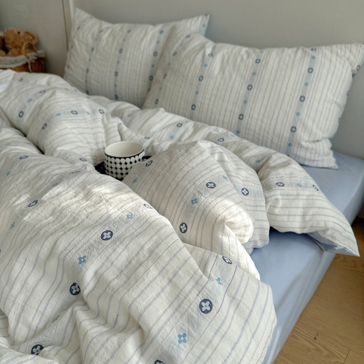 Cotton Washed Stripe Duvet Cover Set with Mini Bear Motif Pillow Shams
