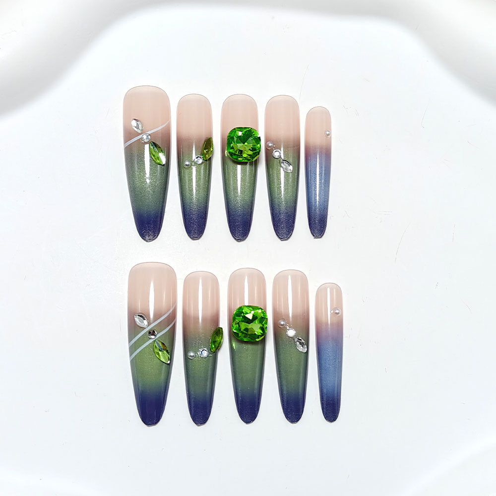 Artificial nails with elegant ombre design and rhinestone applications Stornfield