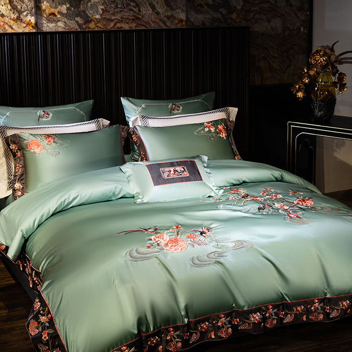 Luxurious Embroidered Satin Duvet Cover Set with Floral Border and Decorative Pillowcases