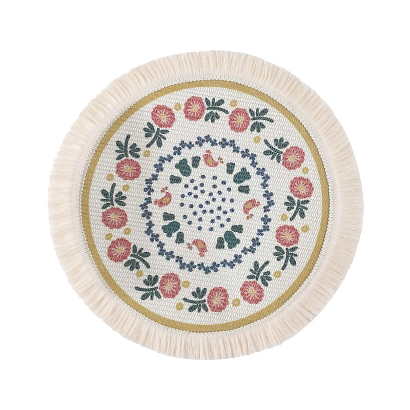 Beef flat-woven floor rug in Boho-Mandala design with cotton fringes