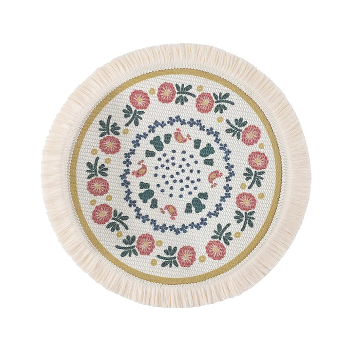 Beef flat-woven floor rug in Boho-Mandala design with cotton fringes