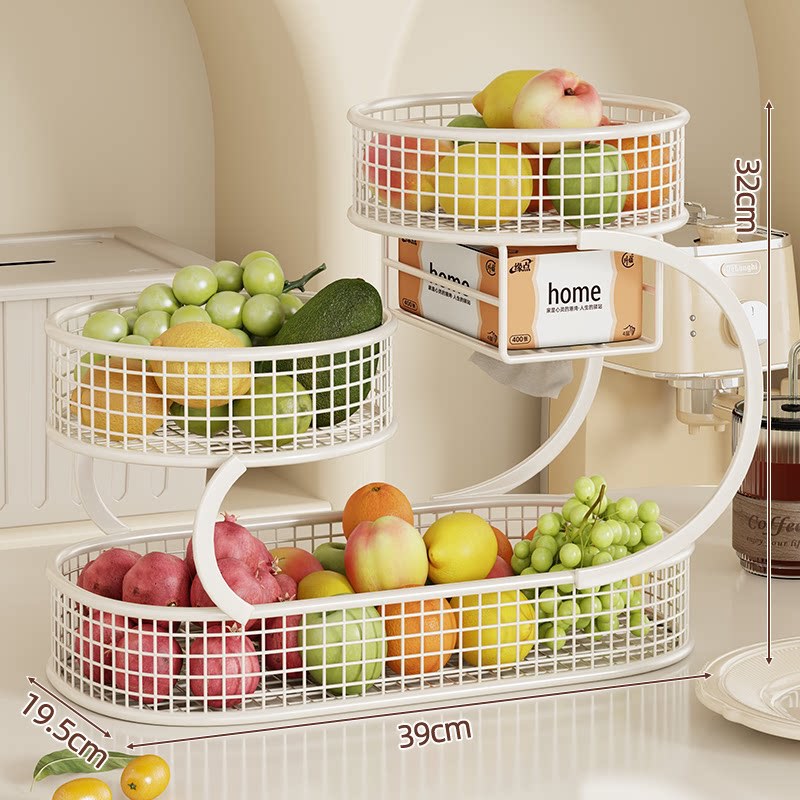 Three-Tier S-Shaped Metal Mesh Fruit and Kitchen Counter Organizer with Built-In Napkin Holder