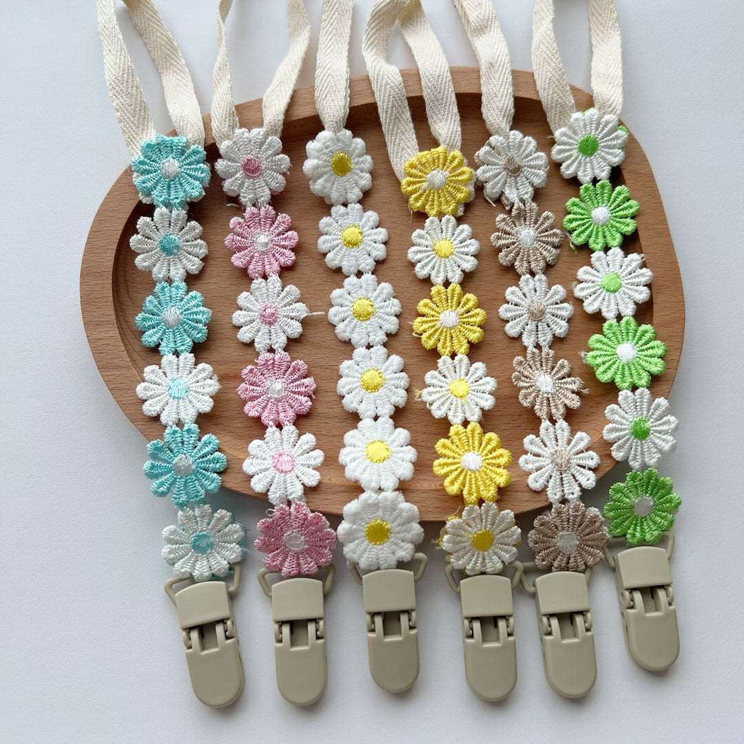 Embroidered Daisy Cotton Pacifier Leash with Safety Clip