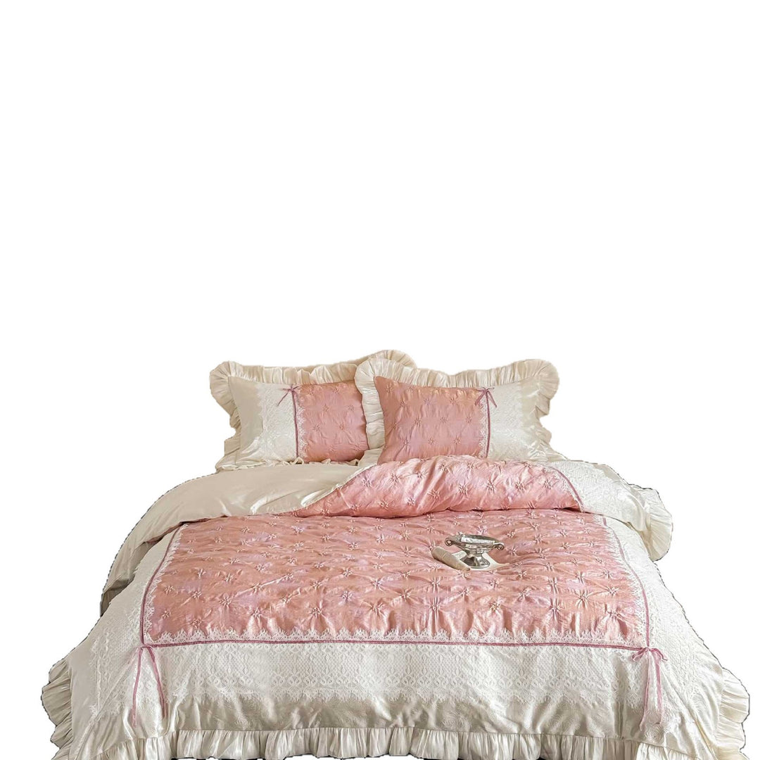 Jacquard bedding set with olive patterned quilted look, satin ruffle and lace panel