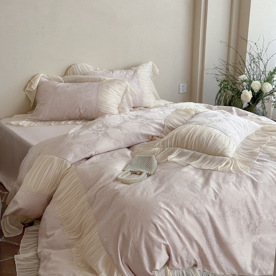 Ruffled Satin-Trim Jacquard Duvet Cover Set