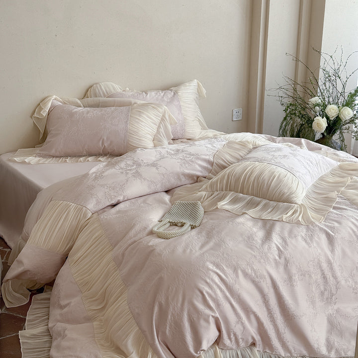 Ruffled Satin-Trim Jacquard Duvet Cover Set