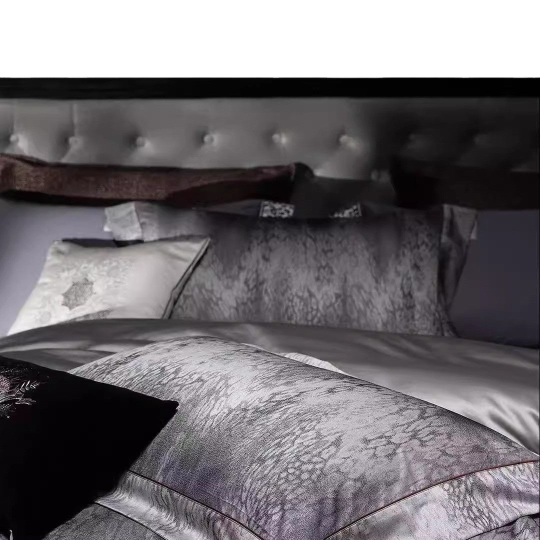 Luxury Satin-Feel Reversible Marble-Texture Duvet Cover Set with Embroidered Accent Pillow