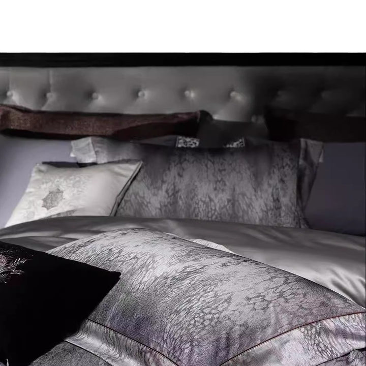 Luxury Satin-Feel Reversible Marble-Texture Duvet Cover Set with Embroidered Accent Pillow