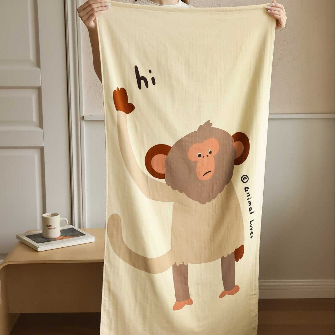 Oversized Cotton Cartoon Monkey Beach & Bath Towel with Quick-Dry Lightweight Weave