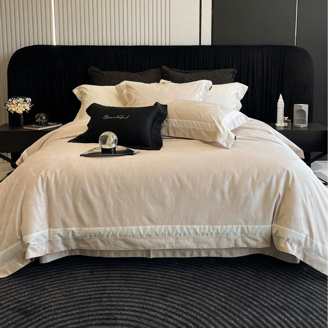 Jacquard cotton satin bed linen set with delicate medallion structure and satin border