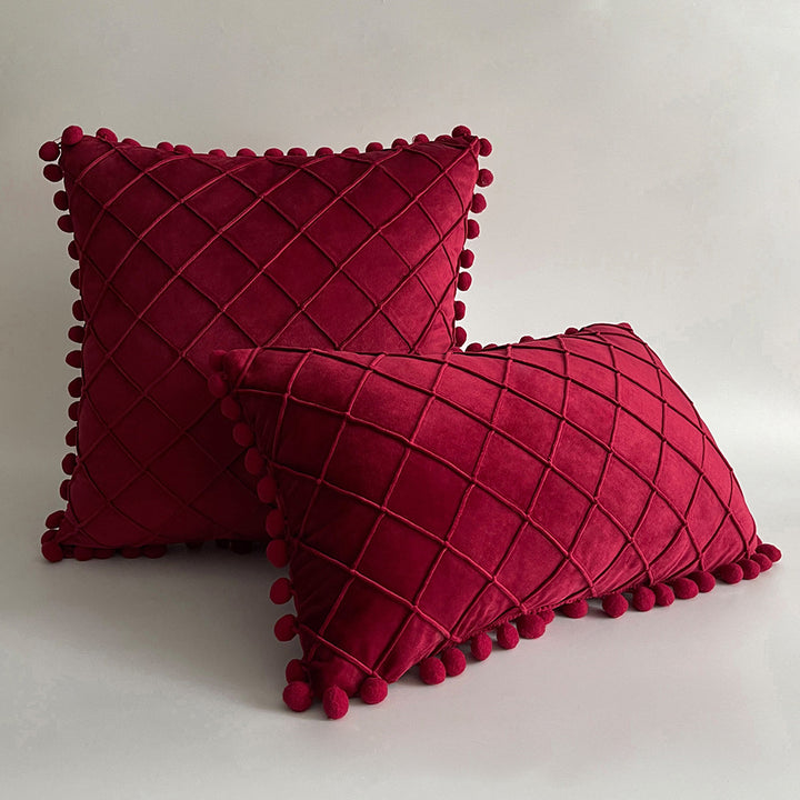 Decorative Velvet Pom-Pom Grid Tufted Throw Pillow Cover