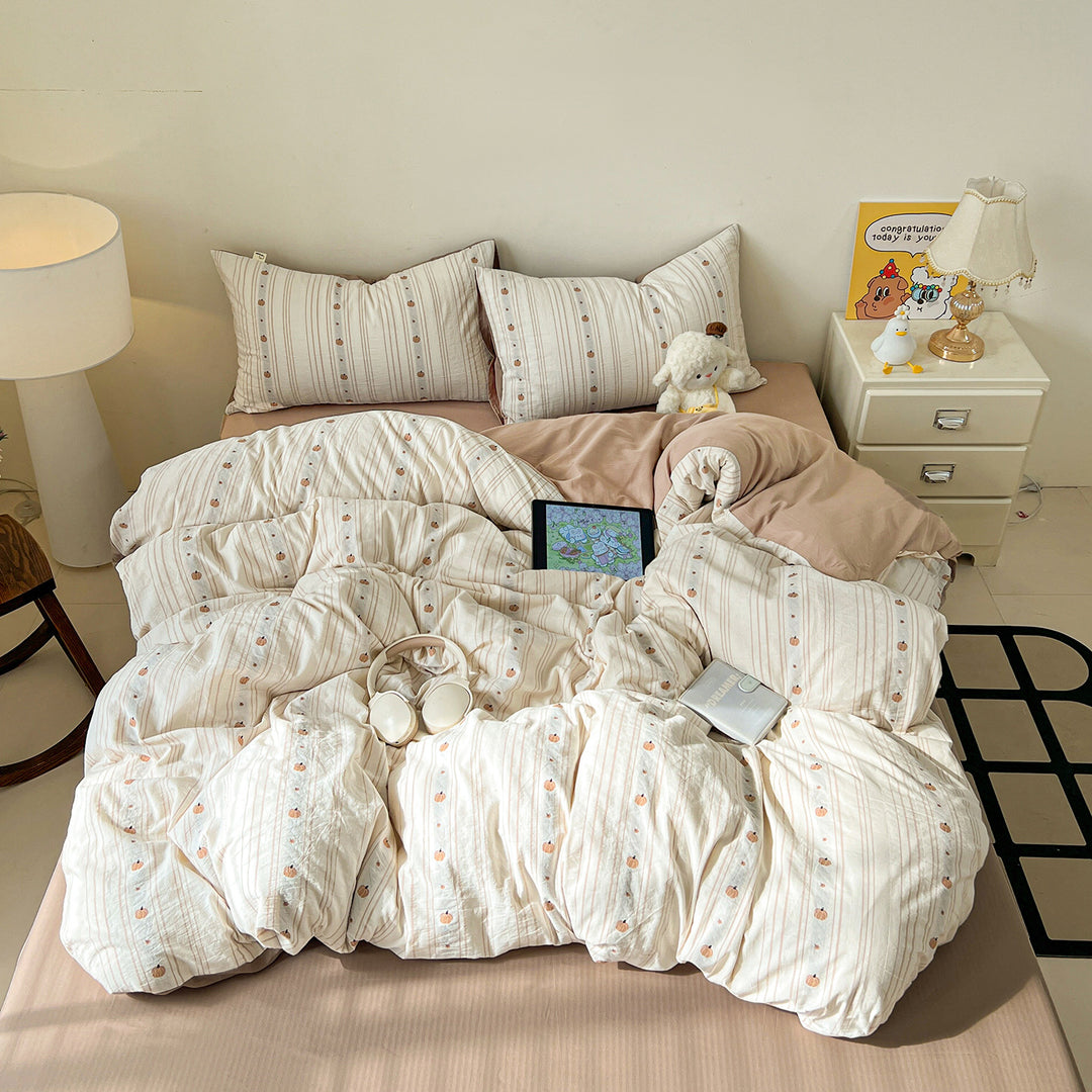 Striped Vintage Floral Cotton Percale Duvet Cover Set