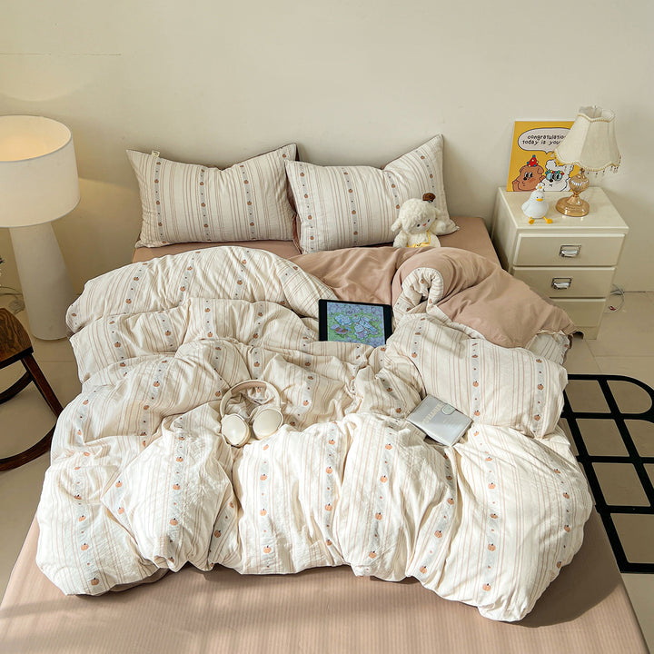 Striped Vintage Floral Cotton Percale Duvet Cover Set