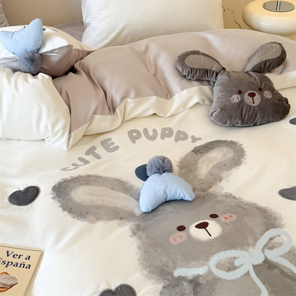 Plush Bunny Duvet Cover Set with Decorative Pillowcases and Pom-Pom Corners