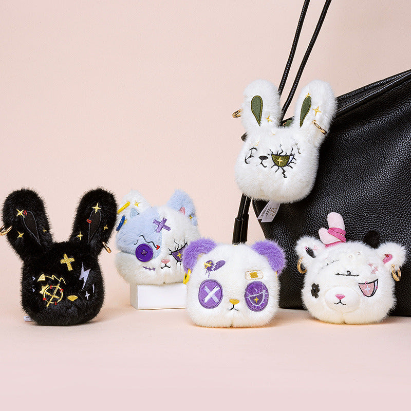 Faux-Fur Bunny Charm Key Fob with Embroidered Patchwork Face and Gold Metal Ring Stornfield