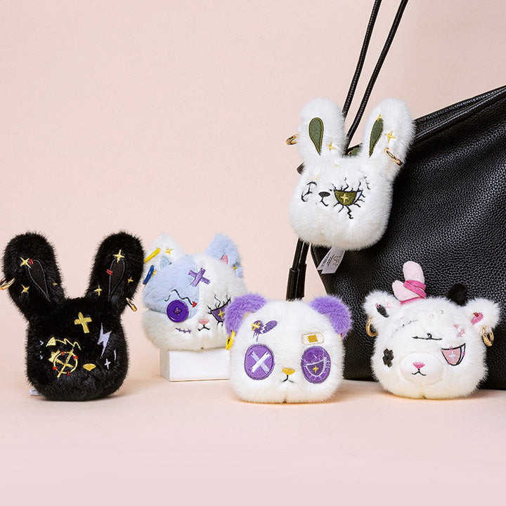 Faux-Fur Bunny Charm Key Fob with Embroidered Patchwork Face and Gold Metal Ring Stornfield